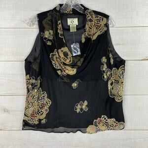 ICE Y2K Vintage Silk Top Womens XL Black Gold Sequins Draped Neck Pullover NWT